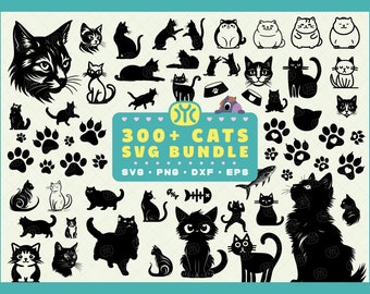 以下が含まれることがあります： 300種類以上の白黒の猫のSVGカットファイルを含むデジタルダウンロードバンドル。バンドルには、さまざまな猫のポーズ、足跡、魚が含まれています。画像の中央に「300+ CATS SVG BUNDLE」というテキストが表示されます。「SVG PNG DXF EPS」というテキストがバンドルタイトルの下に表示されます。