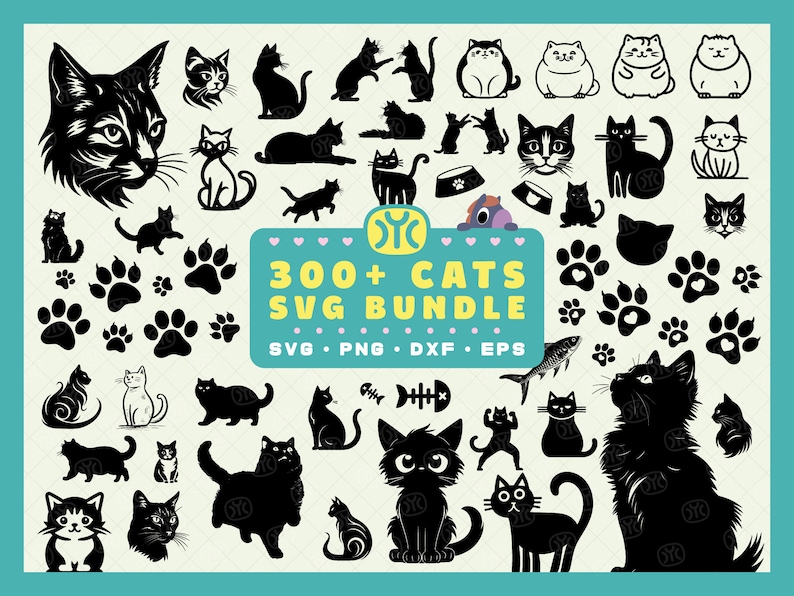 May include: A digital download bundle of over 300 black and white cat SVG cut files. The bundle includes various cat poses, paw prints, and a fish. The text "300+ CATS SVG BUNDLE" is displayed in the centre of the image. The text "SVG PNG DXF EPS" is displayed below the bundle title.