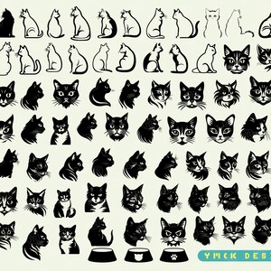 May include: A collection of 64 black and white silhouette images of cats in various poses, including sitting, standing, and looking directly at the viewer. The images are arranged in a grid pattern and include a cat food bowl with a paw print.