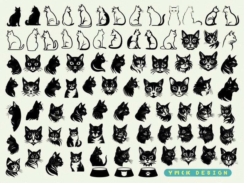 May include: A collection of 64 black and white silhouette images of cats in various poses, including sitting, standing, and looking directly at the viewer. The images are arranged in a grid pattern and include a cat food bowl with a paw print.