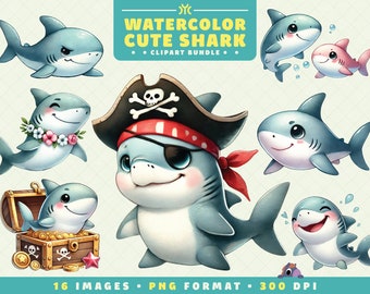 Clipart requin mignon, 16 fichiers PNG, haute résolution, clipart poisson, art de l'océan pour le scrapbooking, invitations, travaux manuels, téléchargement numérique