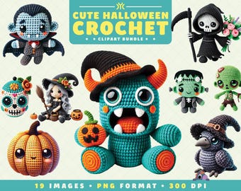 Cute Halloween Crochet Clipart, 19 PNG Files, High-Resolution, Adorable Spooky Art for Scrapbooking, Invitations, Crafts, Digital Download