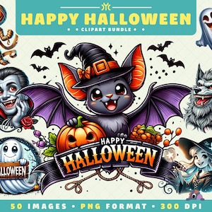 Happy Halloween Clipart, 50 PNG Files, High-Resolution, Festive Spooky Art for Scrapbooking, Invitations, Crafts, Digital Download