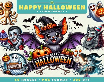 Happy Halloween Clipart, 50 PNG Files, High-Resolution, Festive Spooky Art for Scrapbooking, Invitations, Crafts, Digital Download
