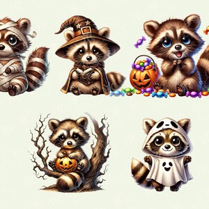 Puede incluir: Cinco adorables mapaches de dibujos animados vestidos con disfraces de Halloween. Uno es una momia, otro es una bruja, uno es un fantasma, uno sostiene una calabaza y otro lleva un sombrero de bruja. Los mapaches est&aacute;n rodeados de caramelos y calabazas.