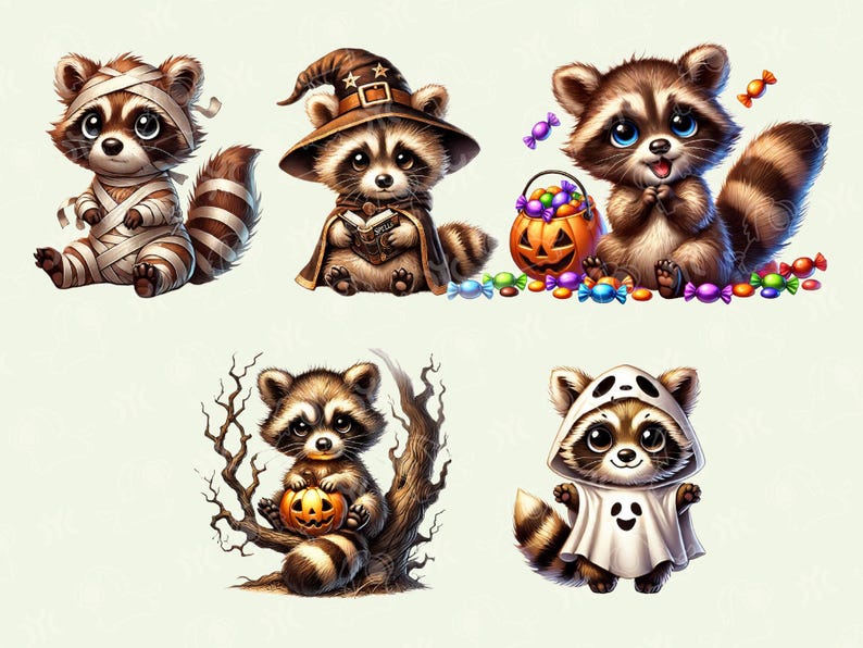 Puede incluir: Cinco adorables mapaches de dibujos animados vestidos con disfraces de Halloween. Uno es una momia, otro es una bruja, uno es un fantasma, uno sostiene una calabaza y otro lleva un sombrero de bruja. Los mapaches est&aacute;n rodeados de caramelos y calabazas.