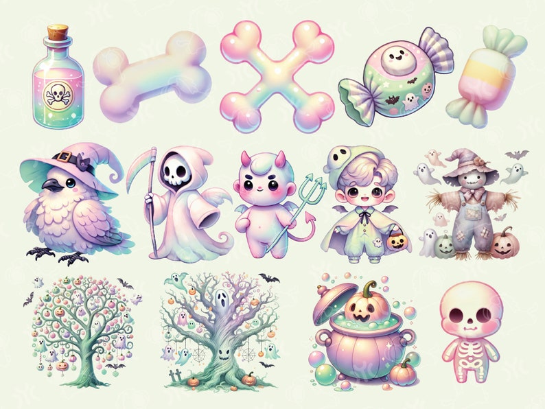 Puede incluir: Un conjunto de 12 pegatinas digitales de Halloween de color pastel con una variedad de personajes espeluznantes y lindos, que incluyen una bruja, un fantasma, un diablo, un esqueleto, un espantap&aacute;jaros, un caramelo, un hueso, una botella de poci&oacute;n y un &aacute;rbol.