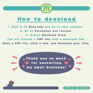 Puede incluir: Un gr&aacute;fico azul claro y turquesa con el texto "C&oacute;mo descargar" e instrucciones sobre c&oacute;mo descargar archivos digitales de Etsy. El gr&aacute;fico tambi&eacute;n incluye el texto "&iexcl;Muchas gracias por apoyar mi peque&ntilde;o negocio!" con corazones rosas.