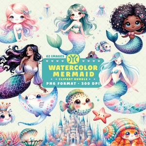 Watercolor Mermaid Clipart, Cute Mermaid PNG, Sea Animals PNG, Nautical Clipart, Ocean Animals PNG, Nursery Decor, underwater Clipart