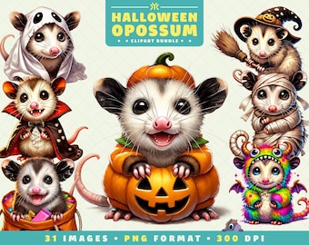 Lindo clip art de zarigüeya de Halloween, 31 archivos PNG, alta resolución, arte animal espeluznante para álbumes de recortes, invitaciones, manualidades, descarga digital