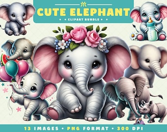 Cute Elephant Clipart, 13 PNG Files, High-Resolution, Wildlife PNG Adorable Animal Art for Scrapbooking, Invitation, Craft, Digital Download
