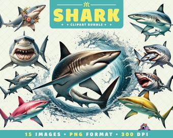 Clipart requin, 15 fichiers PNG, haute résolution, clipart poisson, art de l'océan pour le scrapbooking, invitations, travaux manuels, téléchargement numérique