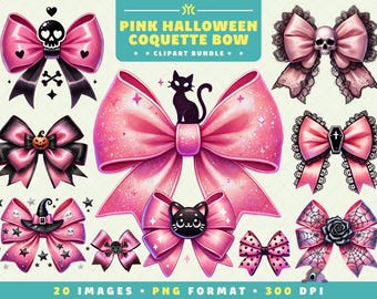 Pink Halloween Coquette Bow Clipart, 20 PNG Files, High-Resolution, Spooky Art for Scrapbooking, Invitations, Crafts, Digital Download