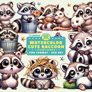 Watercolor Cute Raccoon Clipart, Cute Raccoon PNG, Raccoon Clipart Bundle, Woodland Animal, Baby Raccoon Clipart, Nursery Decor