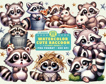 Watercolor Cute Raccoon Clipart, Cute Raccoon PNG, Raccoon Clipart Bundle, Woodland Animal, Baby Raccoon Clipart, Nursery Decor
