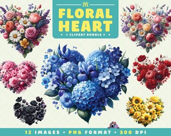 Floral Heart Clipart, Heart Clipart Bundle, Flowers PNG, Heart Flowers, Love Heart Clipart, Valentines Heart, PNG