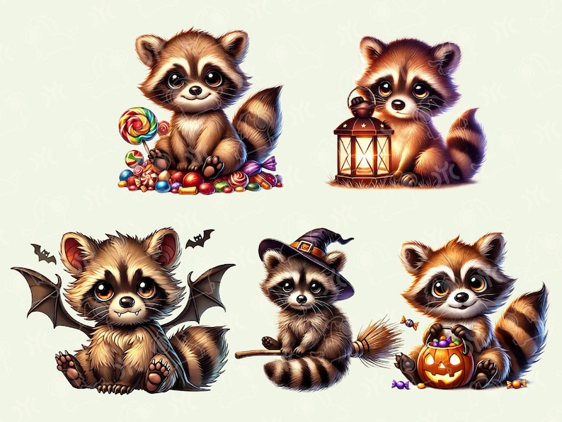 Puede incluir: Cinco mapaches ilustrados con diferentes disfraces de Halloween. Un mapache sostiene un bast&oacute;n de caramelo, otro sostiene una linterna, otro lleva un sombrero de bruja y sostiene una escoba, otro lleva un disfraz de vampiro con alas de murci&eacute;lago y el &uacute;ltimo sostiene una calabaza de Halloween.