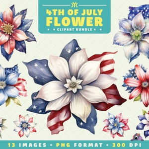 Watercolor 4th of July flower Clipart, 13 PNG Files, High-Resolution, Patriotic Art for Scrapbooking, Invitations, Crafts, Digital Download