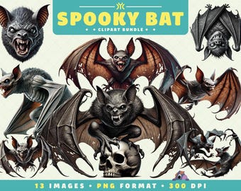 Spooky Bat Clipart, 13 PNG Files, High-Resolution, Spooky Season, Halloween Art for Scrapbooking, Invitations, Crafts, Digital Download
