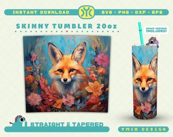 Fox And Roses 20oz Skinny Tumbler Sublimation Design | Fox Sublimation | Fox PNG | 3D Sublimation | Tumbler PNG | Tumbler Wrap