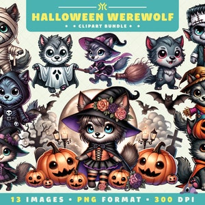 Cute Halloween Werewolf Clipart, 13 PNG Files, Spooky Season, Adorable Spooky Art for Scrapbooking, Invitations, Crafts, Digital Download