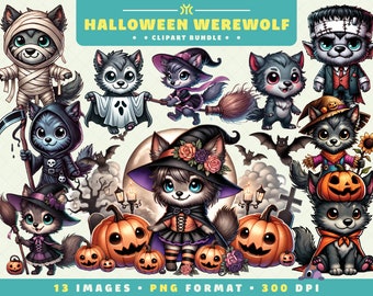 Cute Halloween Werewolf Clipart, 13 PNG Files, Spooky Season, Adorable Spooky Art for Scrapbooking, Invitations, Crafts, Digital Download