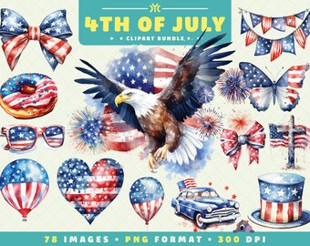 Watercolor 4th of July Clipart, 78 PNG Files, High-Resolution, Patriotic Art for Scrapbooking, Invitations, Crafts, Digital Download