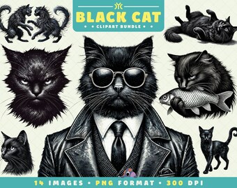 Black Cat Clipart, 14 PNG Files, High-Resolution, Halloween and Spooky Art for Scrapbooking, Invitations, Crafts, Digital Download