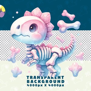 May include: A pink and blue cartoon dinosaur skeleton with a cute face and a pink and blue bone in its mouth. The dinosaur is surrounded by smaller pink and blue bones.
