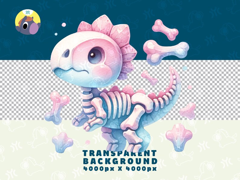 May include: A pink and blue cartoon dinosaur skeleton with a cute face and a pink and blue bone in its mouth. The dinosaur is surrounded by smaller pink and blue bones.