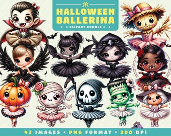 Halloween Ballerina Clipart, 42 PNG Files, High-Resolution, Spooky Cute Art for Scrapbooking, Invitations, Crafts, Digital Download