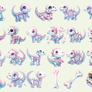 May include: A set of 28 digital illustrations featuring cute cartoon dinosaur skeletons in various poses. The skeletons are pink and blue with white bones. There are also two bones and a skull included in the set.