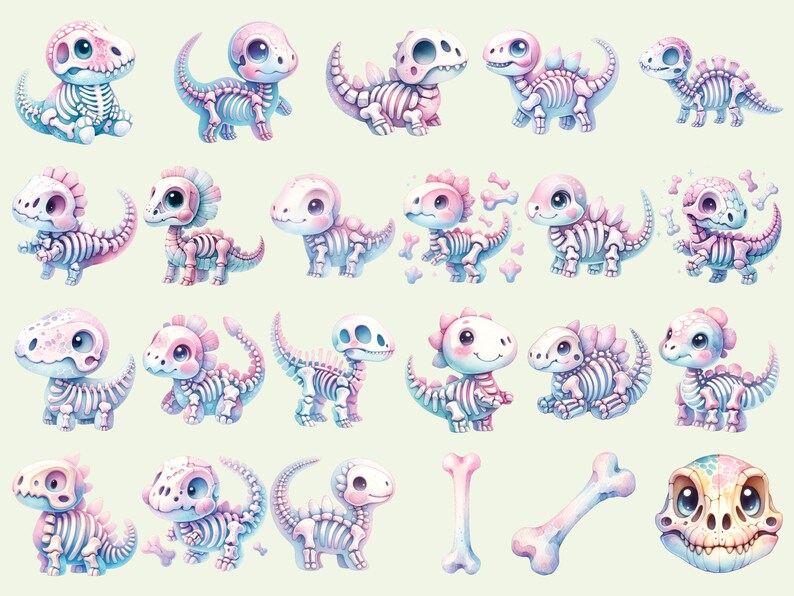 May include: A set of 28 digital illustrations featuring cute cartoon dinosaur skeletons in various poses. The skeletons are pink and blue with white bones. There are also two bones and a skull included in the set.