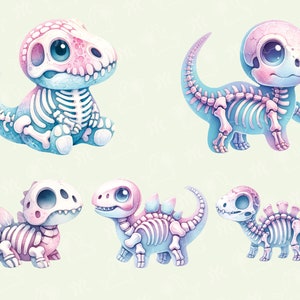 May include: Five cartoon dinosaur skeletons in various poses. The dinosaurs are pink, blue, and white with visible bones. The dinosaurs are all facing forward.