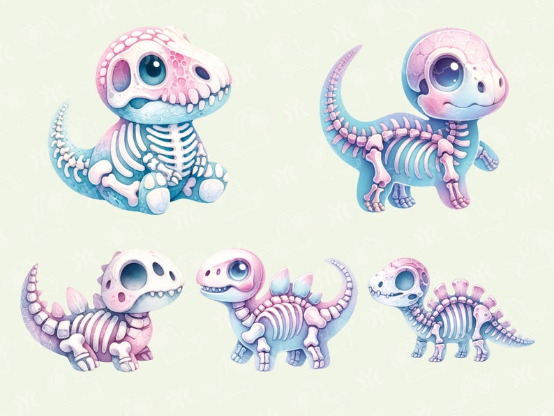 May include: Five cartoon dinosaur skeletons in various poses. The dinosaurs are pink, blue, and white with visible bones. The dinosaurs are all facing forward.