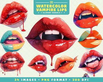 Watercolor Halloween Vampire Lips Clipart, 24 PNGs, High-Resolution, Spooky Cute Art for Scrapbooking, Invitations, Crafts, Digital Download