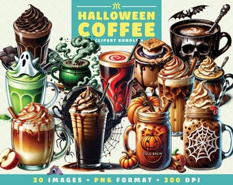 Halloween Coffee Clipart, 30 PNG Files, High-Resolution, Spooky Drink PNG, Cute Art for Scrapbooking, Invitations, Crafts, Digital Download