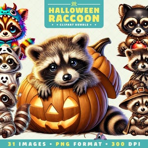 Puede incluir: Un conjunto de 31 im&aacute;genes digitales de clipart con tem&aacute;tica de Halloween que presentan adorables mapaches con varios disfraces, incluyendo un fantasma, una momia, una bruja, un vampiro y un superh&eacute;roe. Los mapaches est&aacute;n representados en un estilo de dibujos animados con colores brillantes y expresiones juguetonas. Las im&aacute;genes est&aacute;n en formato PNG y tienen 300 DPI.