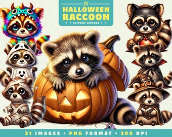 Cute Halloween Raccoon Clipart, 31 PNG Files, High-Resolution, Spooky Cute Animal Art for Scrapbooking, Invitations, Craft, Digital Download