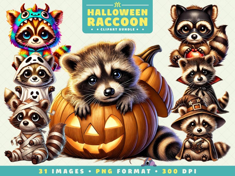 Puede incluir: Un conjunto de 31 im&aacute;genes digitales de clipart con tem&aacute;tica de Halloween que presentan adorables mapaches con varios disfraces, incluyendo un fantasma, una momia, una bruja, un vampiro y un superh&eacute;roe. Los mapaches est&aacute;n representados en un estilo de dibujos animados con colores brillantes y expresiones juguetonas. Las im&aacute;genes est&aacute;n en formato PNG y tienen 300 DPI.