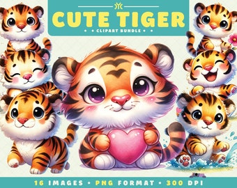 Cute Tiger Clipart, 16 PNG Files, High-Resolution, Tiger PNG, Adorable Wildlife Art for Scrapbooking, Invitations, Crafts, Digital Download