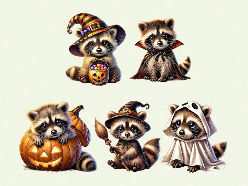Puede incluir: Cinco adorables mapaches disfrazados con trajes de Halloween. Uno lleva un sombrero de bruja, otro una capa de vampiro, uno lleva un cubo de caramelos, uno es un fantasma y otro es una bruja con una escoba.