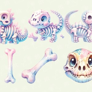 May include: A set of six watercolor illustrations featuring cute dinosaur skeletons in pink, blue, and white. The set includes three dinosaur skeletons, two bones, and a dinosaur skull.