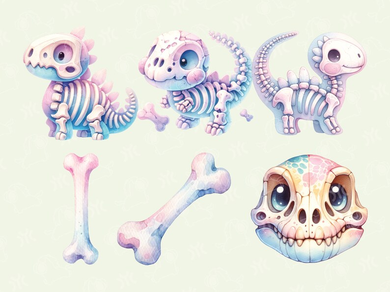 May include: A set of six watercolor illustrations featuring cute dinosaur skeletons in pink, blue, and white. The set includes three dinosaur skeletons, two bones, and a dinosaur skull.