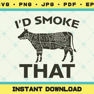 Puede incluir: Una ilustración en blanco y negro de una vaca con diferentes cortes de carne etiquetados. El texto "I'D SMOKE THAT" está por encima de la vaca y "INSTANT DOWNLOAD" está por debajo de la vaca.