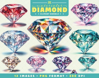 Watercolor Diamond Clipart, Diamond Clipart Bundle, Wedding Clipart, Diamond PNG, Gemstone Clipart, Jewelry Art