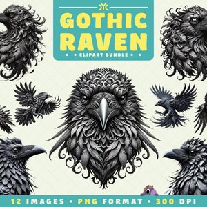 Gothic Raven Clipart, 12 PNG Files, High-Resolution, Bird Clipart, Halloween Art for Scrapbooking, Invitations, Crafts, Digital Download