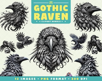 Gotische raaf clipart, 12 png-bestanden, hoge resolutie, vogel clipart, Halloween-kunst voor scrapbooking, uitnodigingen, ambachten, digitale download