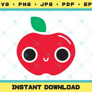 May include: A red apple with a green leaf and a smiling face with large black eyes.