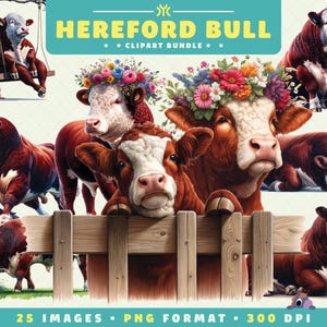 Hereford Bull Clipart, 25 PNG Files, High-Resolution, Bull PNG, Farm Animal Art for Scrapbooking, Invitations, Crafts, Digital Download